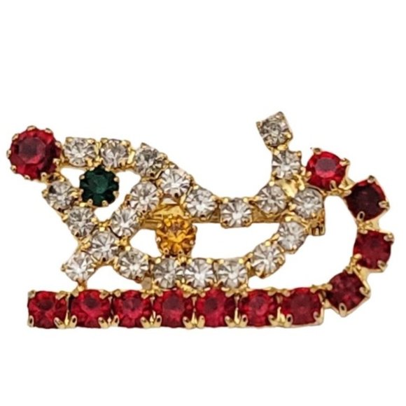 Gold Tone Red Clear Prong Set Rhinestone Small Christmas Sleigh Pin Brooch K737 - Picture 1 of 6